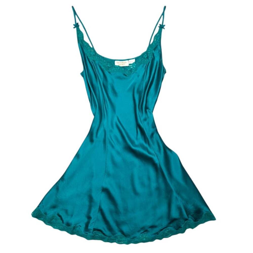 Vtg VS Gold Label 100% Silk Slip Dress Emerald Green Lace Trim Sz M